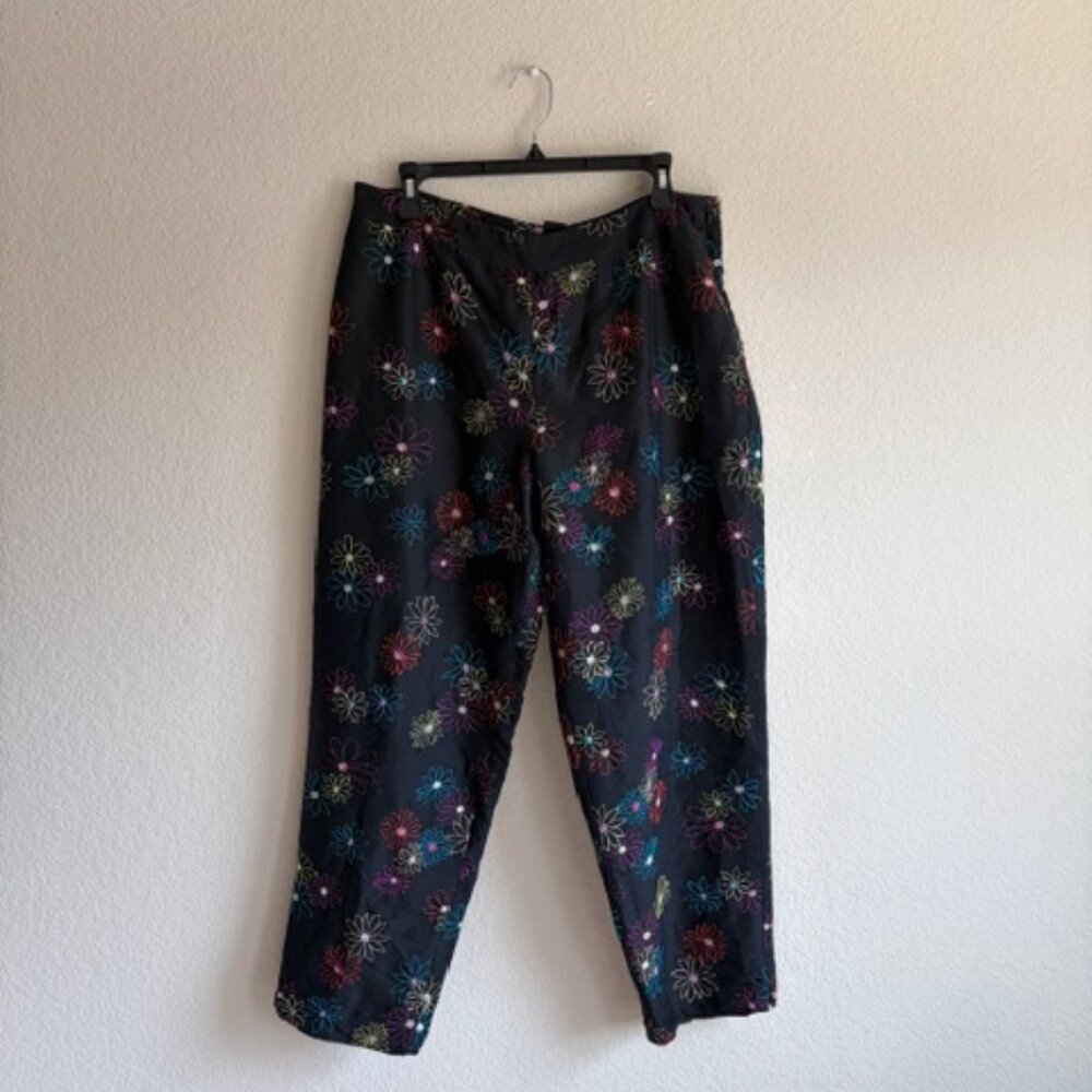 Silkland 100% Silk Pants Women Size 14 Black with Floral Embroidery Colorful lux - Picture 2 of 8